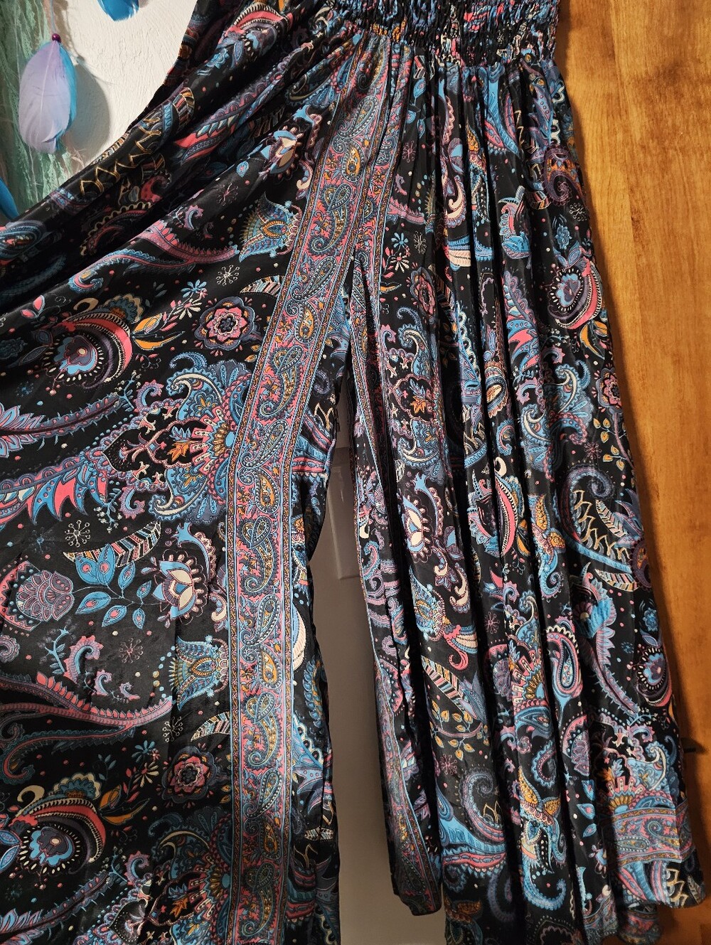 Silk Blend Boho Paisley Wide Leg Pants in Black with Teal & Pink NWT